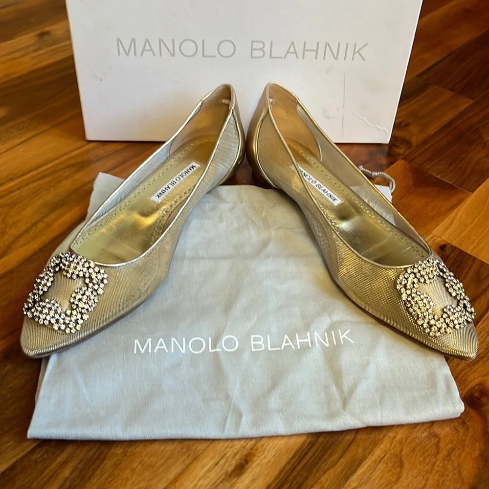 Manolo blahnik Hangisi Chrystal Buckle Gold Mesh Flats, 50th anniversary, NEW - Picture 9 of 17